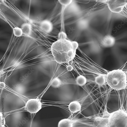 Seamless biological mesh overlay | Interconnected organic cells with fibrous tendrils in grayscale on dark background | Cellular network texture | Science microstructure design