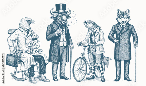 Vintage animal characters dressed as Victorian gentlemen, engraving illustration of people with animal head