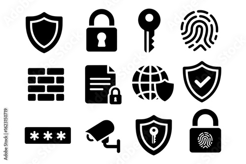 Security icons set featuring shield, lock, key, fingerprint, camera, firewall, data and network protection. Vector illustration.