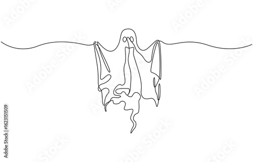 Continuous one line drawing of ghost cloth floating on the ceiling, representing the supernatural presence of Halloween spooky concept one line vector illustration.