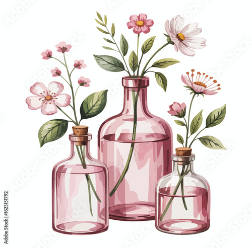 A vibrant perfume bottle sits among a colorful bouquet of pink and yellow roses and purple orchids