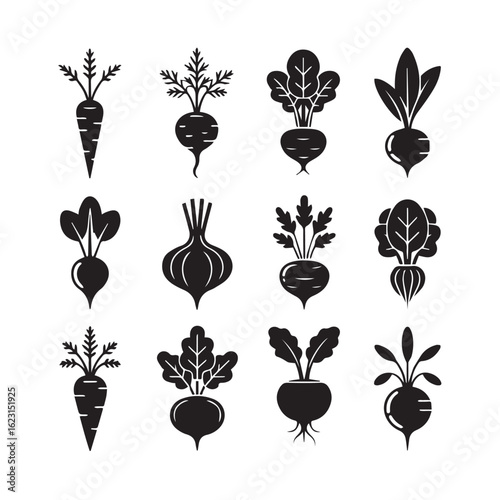 Collection of twelve distinct root vegetable silhouettes including carrots and beets with textured brush stroke style on white background