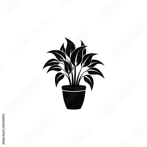 Black silhouette of a potted plant isolated on a white background