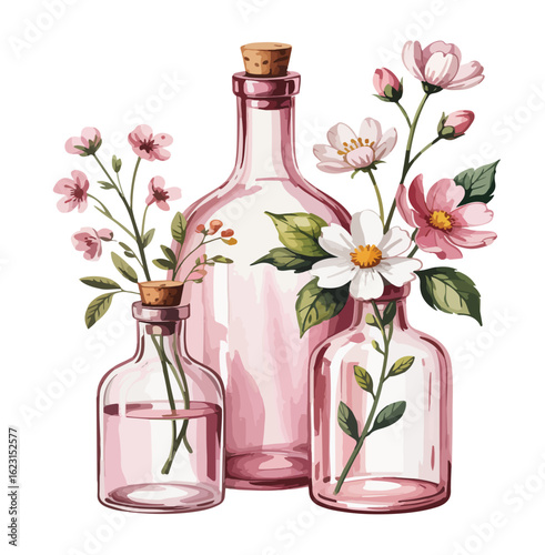 Beauty bottle with flowers for spa and wellness with essential oils
