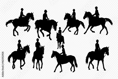A collection of black silhouettes showing equestrians riding horses in various gaits and poses.