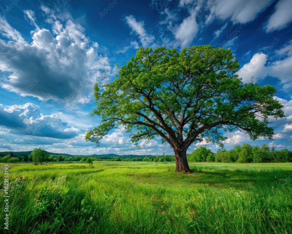 Obraz premium Lush green field with majestic tree under a vibrant sky