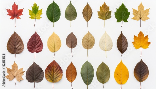 Wallpaper Mural A vibrant collection of diverse autumn leaves showcasing a spectrum of colors and shapes against a clean white background. Torontodigital.ca