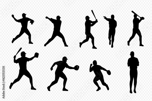 A collection of black silhouettes depicting baseball players in various dynamic action poses like pitching, batting, and fielding.