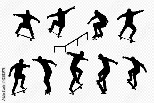A set of black silhouettes showing a skateboarder performing various tricks, jumps, and grinding on a rail.