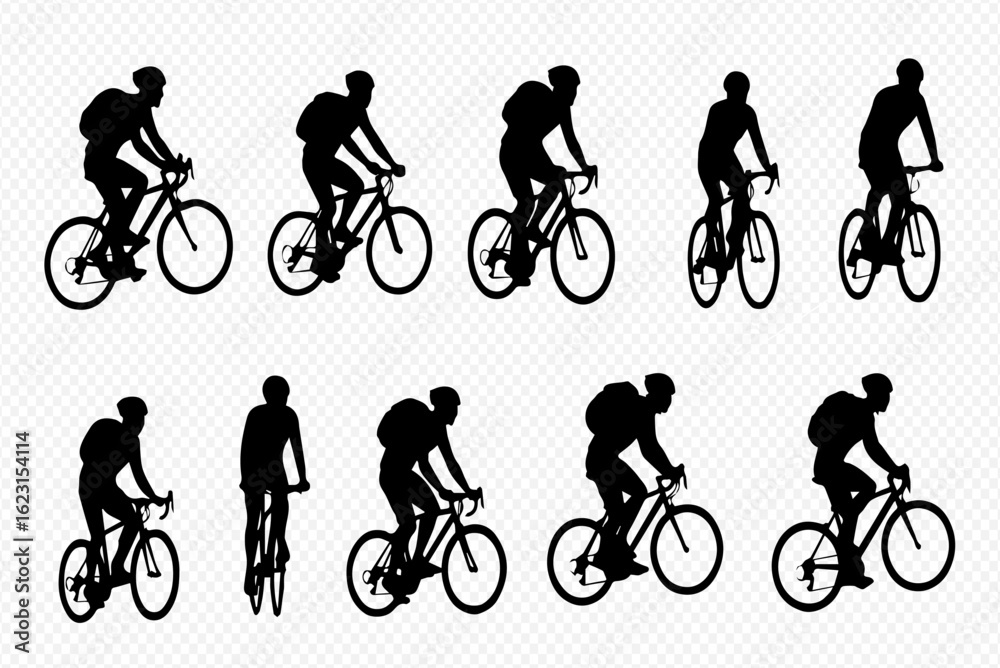 Fototapeta premium A collection of black silhouettes of a cyclist with a backpack riding a bicycle from various angles.