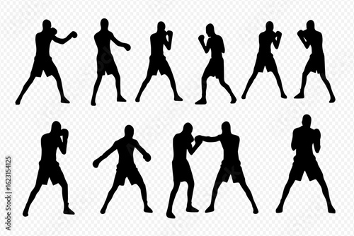 A collection of black boxer silhouettes in various dynamic fighting and punching poses.