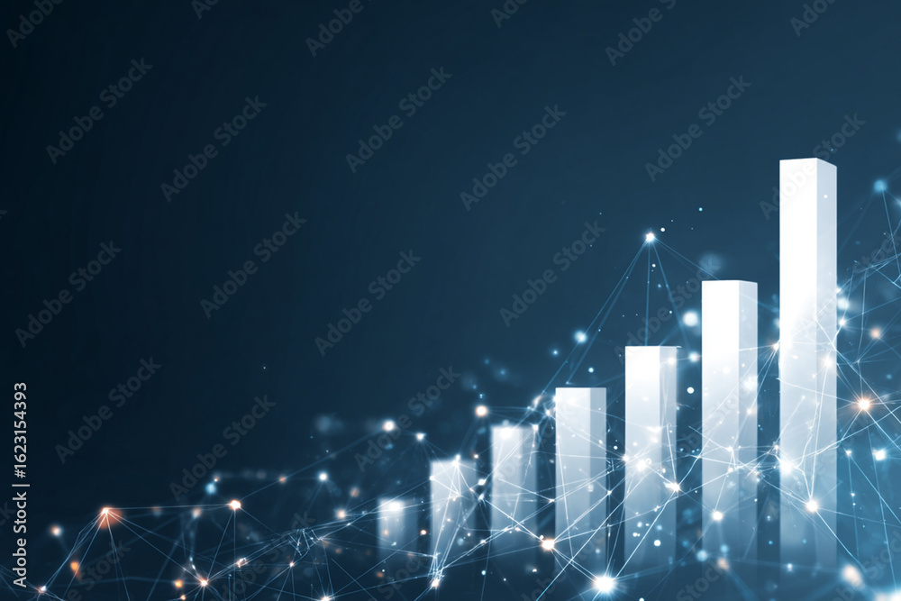 Fototapeta premium Abstract representation of business growth with ascending bar graphs, interconnected glowing nodes symbolizing data flow and KPIs
