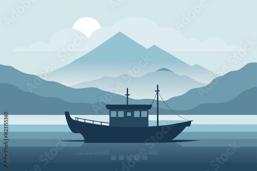 A ship or boat sailing across the blue sea with a coast or island in the nature landscape under the summer sky and clouds