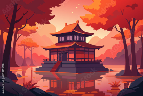 Ancient Chinese temple architecture and pagoda towers are bathed in the golden light of a tranquil sunrise, evoking a sense of history and traditional Asian culture
