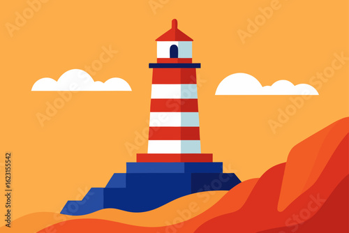 A majestic white lighthouse tower stands as a nautical beacon on a coastal island landscape, overlooking the summer sea and sky