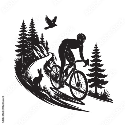 Dynamic silhouette of a cyclist riding a mountain bike downhill on a winding trail surrounded by pine trees and a soaring bird