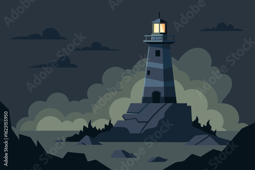 A lone white lighthouse shines its beacon across the dark, rocky coast at night