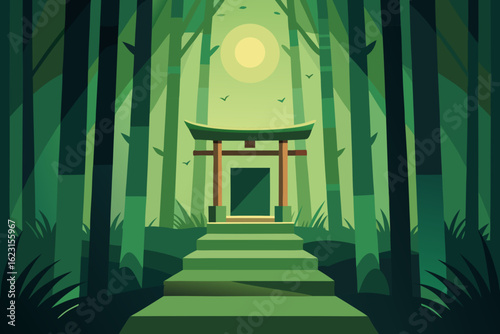 Spooky old stone architecture of a haunted house in the woods on a scary Halloween night with the moon casting shadows and glowing windows