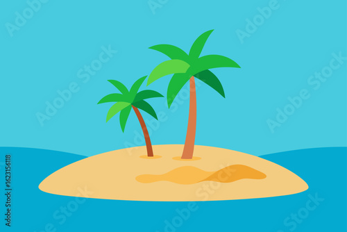 Tropical island paradise with palm trees on a white sand beach, turquoise water, and a clear blue sky