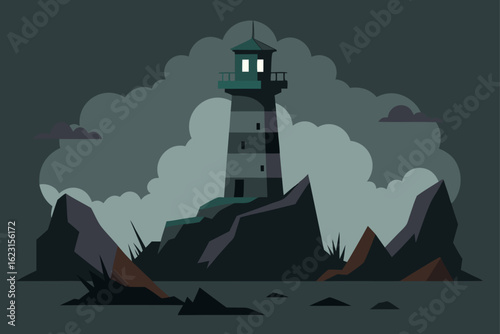 A lonely lighthouse stands as a beacon on a rocky coastline, its light cutting through the dark sky over the tranquil sea