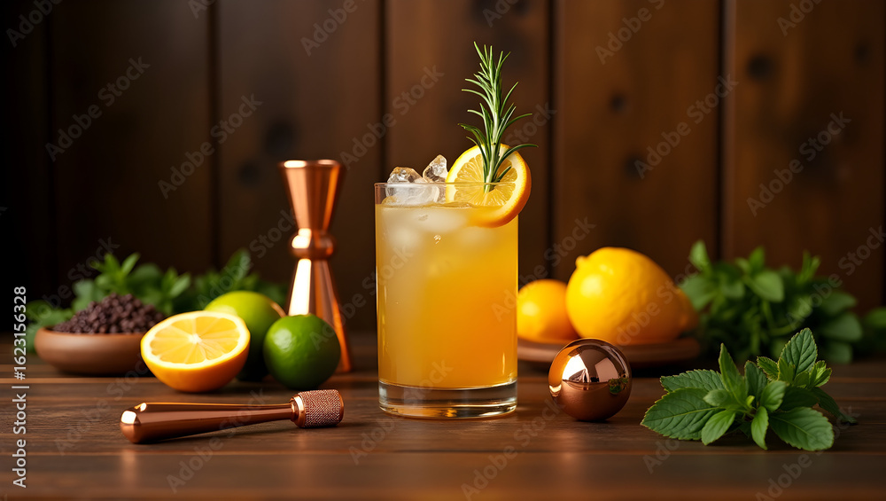 Fototapeta premium Refreshing citrus cocktail with ice and rosemary garnish, presented in a vibrant still life arrangement