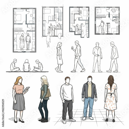 Architectural Floor Plans with Fashionable Human Figures and Layout Sketches