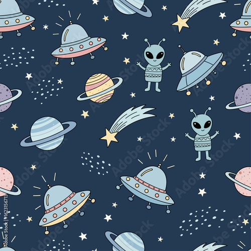 Seamless Cartoon Space Pattern with UFOs, Aliens, and Planets – Kids Cosmic Background