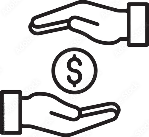 Two hands exchanging a dollar coin symbolizing financial transaction or donation