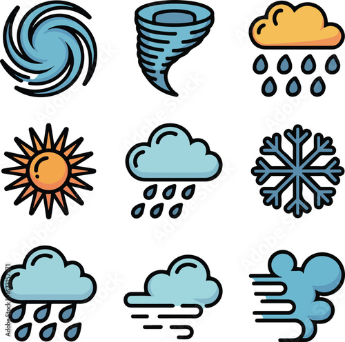 Weather icons set storm sun rain snow wind hurricane