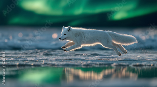 Arctic Fox Leaping Across Ice with Aurora Borealis in Background at Night