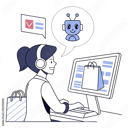 Woman interacting with chatbot for online shopping assistance isolated on transparent background
