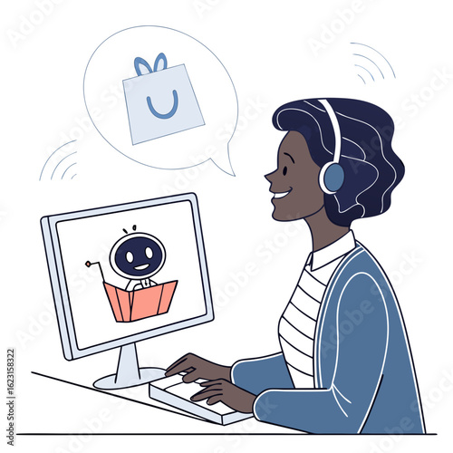 Customer service agent interacting with a shopping bot on a computer isolated on transparent background