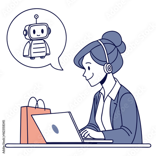 Customer service agent with chatbot thinking bubble and shopping bag isolated on transparent background