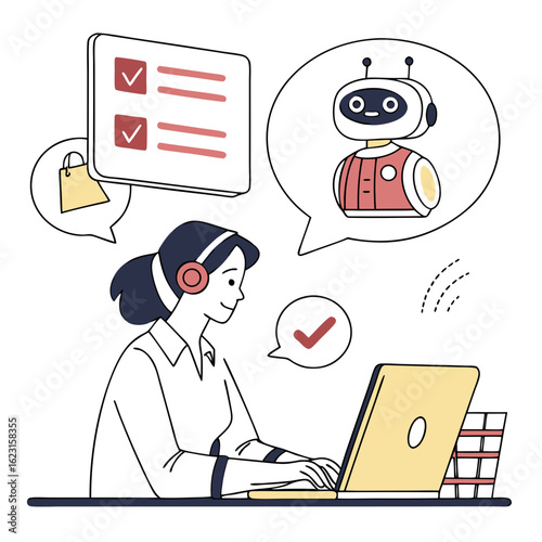 Customer service agent interacting with ai chatbot and task list isolated on transparent background