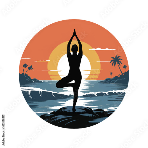 Serene woman performing tree pose yoga on a rocky shoreline during a vibrant sunset with palm trees silhouette