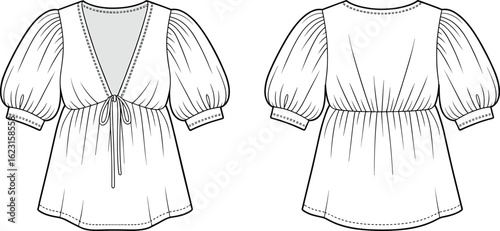 PrintFashionable women's blouse illustration, puff sleeves, V-neckline, waist tie design, stylish garment sketch for sewing
