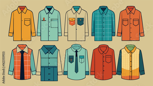 A variety of shirts and blouses featuring multiple styles and colors, presented in an organized manner..eps