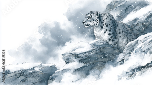 Watercolor Painting Of A Snow Leopard On A Snowy Mountain Cliffside