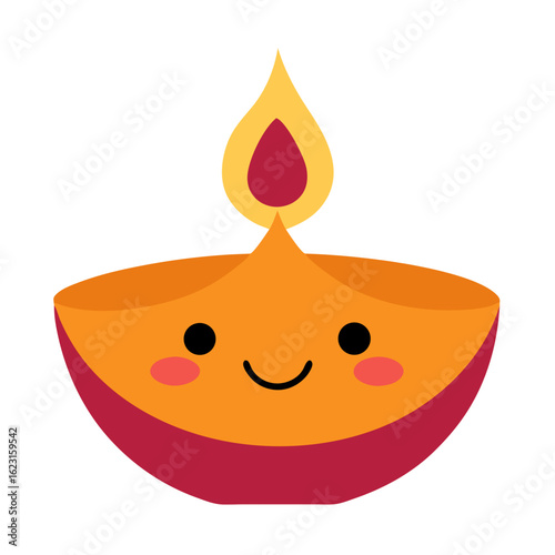 Adorable kawaii diya lamp with a smiling face and fiery glow
