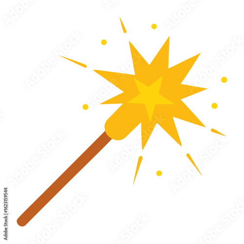 A bright yellow sparkler with a brown handle emits light and sparks against a black background