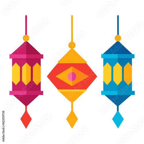 Three colorful islamic lanterns hanging against a black background with a flat design style