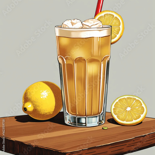 Lemonade in artistic style with vibrant colors and fresh lemon elements, copy space