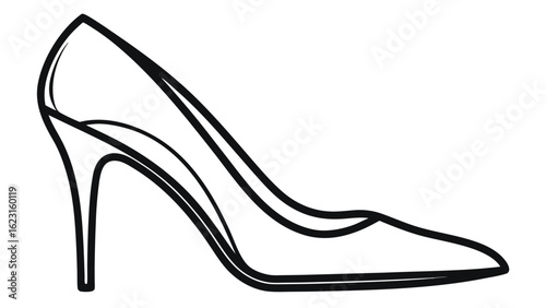 A monochrome drawing of a high heel shoe, highlighting its graceful curves and fashionable appearance..eps