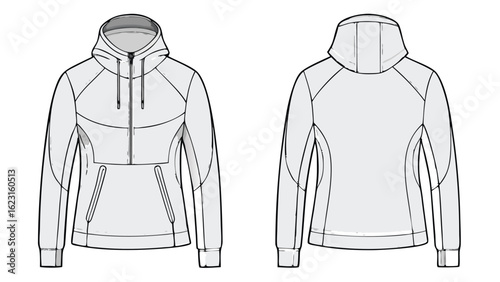 Women's zip-up hoodie featuring a hood, designed for comfort and casual wear..eps