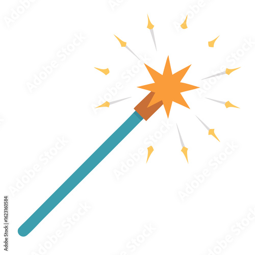 A single sparkler with a blue handle and an orange starburst of sparks against a black background