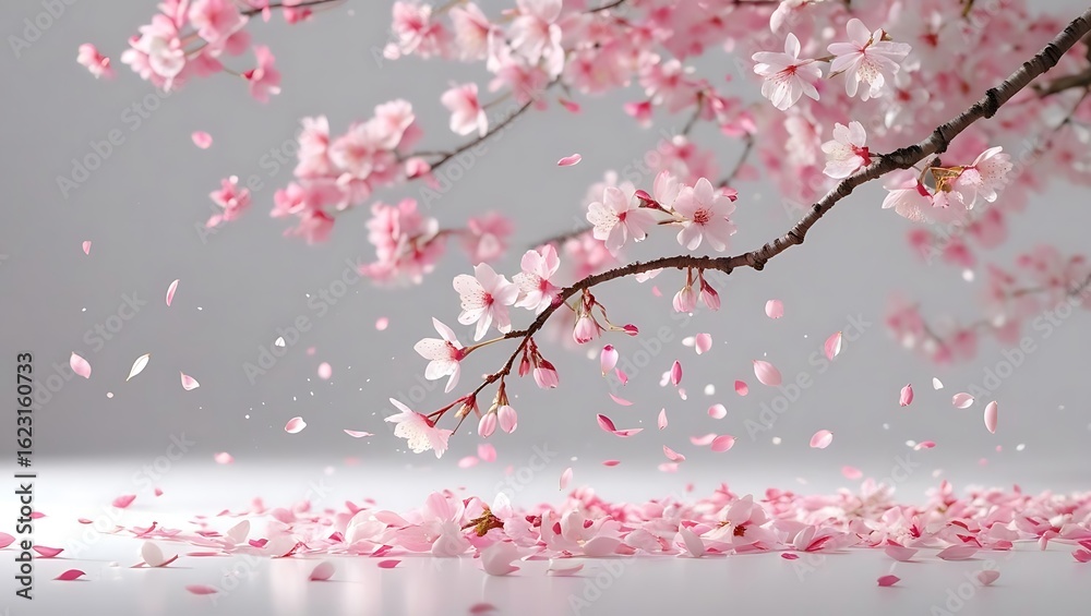 Fototapeta premium Delicate pink cherry blossoms falling onto a white surface petals branches