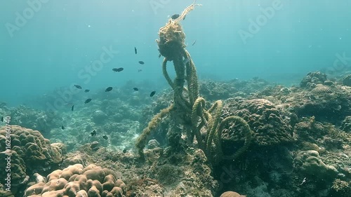 Remains of a boat mooring rope slowly decomposing around a coral block, illustrating anchoring damage in fragile island lagoons. Filmed underwater in the Philippines. 