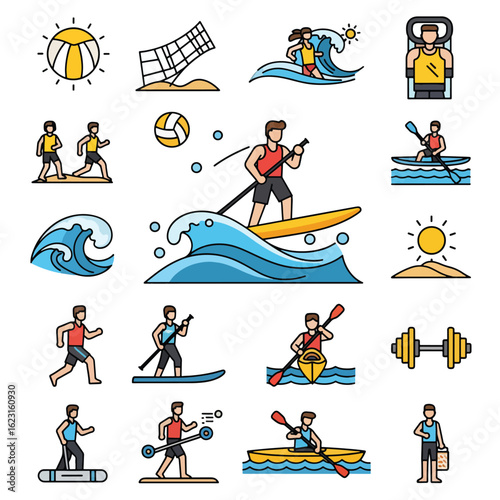 A collection of colorful line icons depicting various summer sports and beach activities like volleyball, surfing, and paddleboarding.