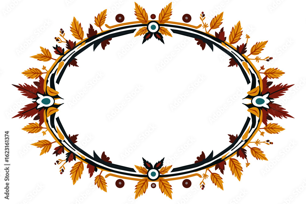 Obraz premium An oval folk-style autumn frame decorated with stylized autumn leaves in orange, brown, red, and turquoise, as well as amulets against the evil eye, is suitable for decorative borders or tiles.