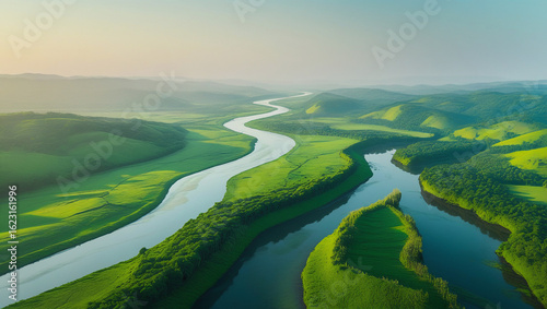 Aerial Shot of Serene River Through Valley